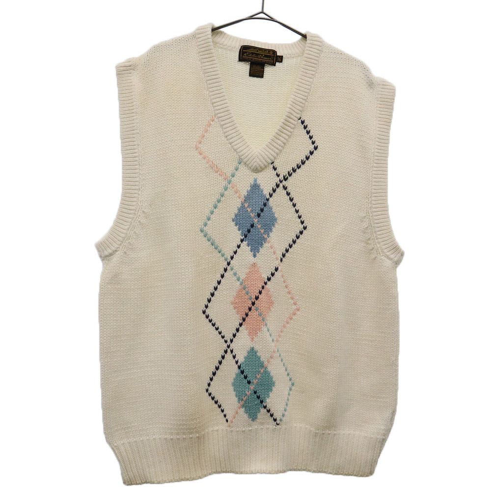 Eddie Bauer エディーバウアー 90s 黒タグ後期 総柄 ニットベスト L ホワイト オールド ヴィンテージ メンズ