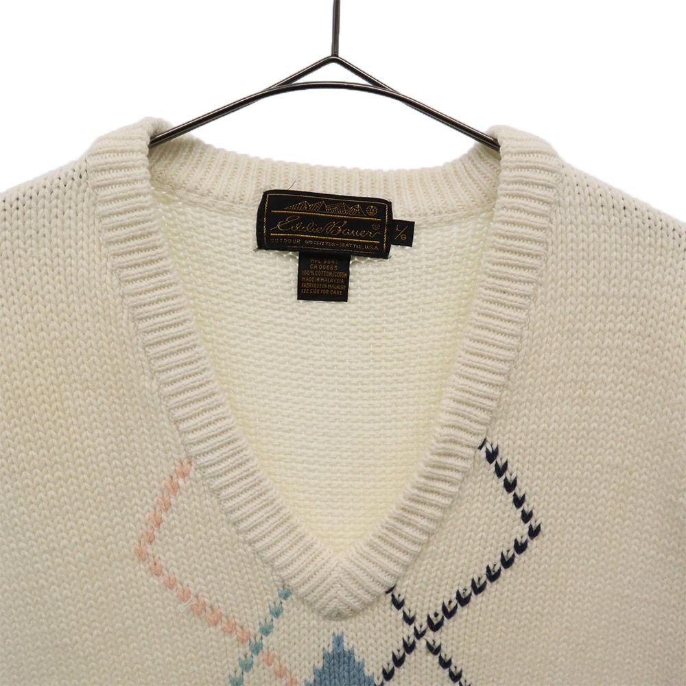Eddie Bauer エディーバウアー 90s 黒タグ後期 総柄 ニットベスト L ホワイト オールド ヴィンテージ メンズ
