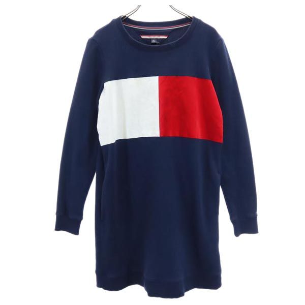 トミーヒルフィガー プリント 長袖 ロング トレーナー XS ネイビー TOMMY HILFIGER スウェット 裏起毛 レディース