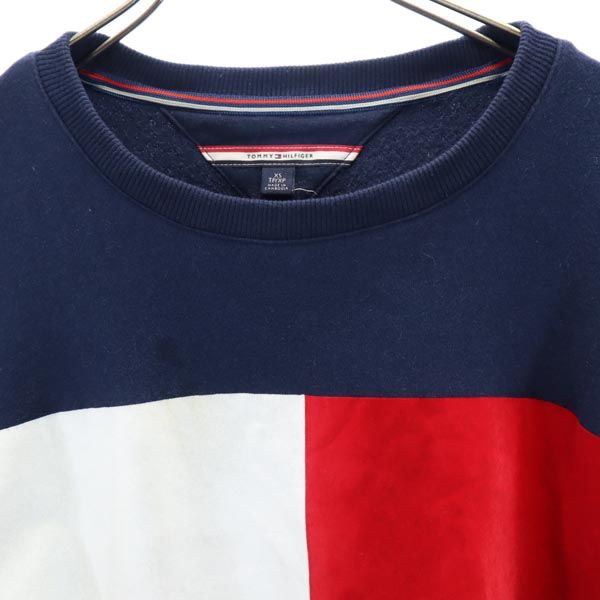 トミーヒルフィガー プリント 長袖 ロング トレーナー XS ネイビー TOMMY HILFIGER スウェット 裏起毛 レディース