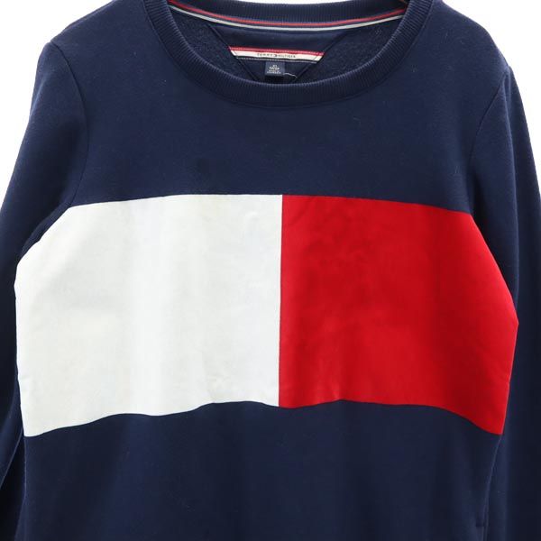 トミーヒルフィガー プリント 長袖 ロング トレーナー XS ネイビー TOMMY HILFIGER スウェット 裏起毛 レディース