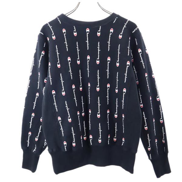 Champion チャンピオン 青単 復刻 リバースウィーブ 総柄 長袖 トレーナー S 黒系 スウェット 裏起毛 メンズ