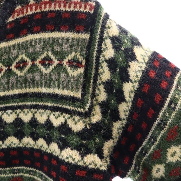 エルエルビーン 総柄 ニットジャケット XS 黒×緑×赤 L.L.Bean ノーカラー アウトドア レディース