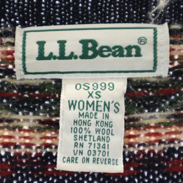 エルエルビーン 総柄 ニットジャケット XS 黒×緑×赤 L.L.Bean ノーカラー アウトドア レディース