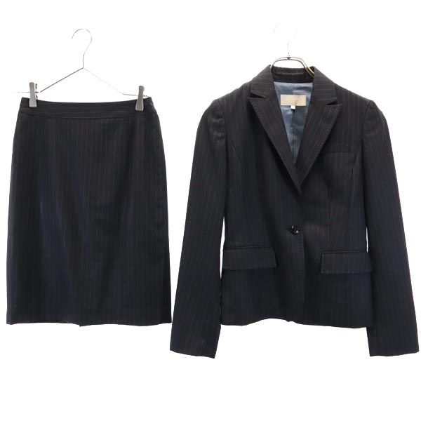 FACADE GREEN ファザードグリーン ストライプ柄 スカートスーツ 上下 セットアップ 36 黒 テーラードジャケット レディース