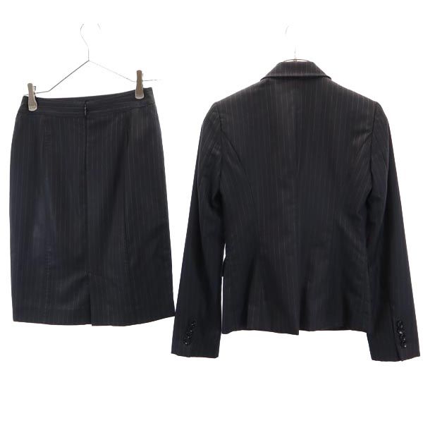FACADE GREEN ファザードグリーン ストライプ柄 スカートスーツ 上下 セットアップ 36 黒 テーラードジャケット レディース