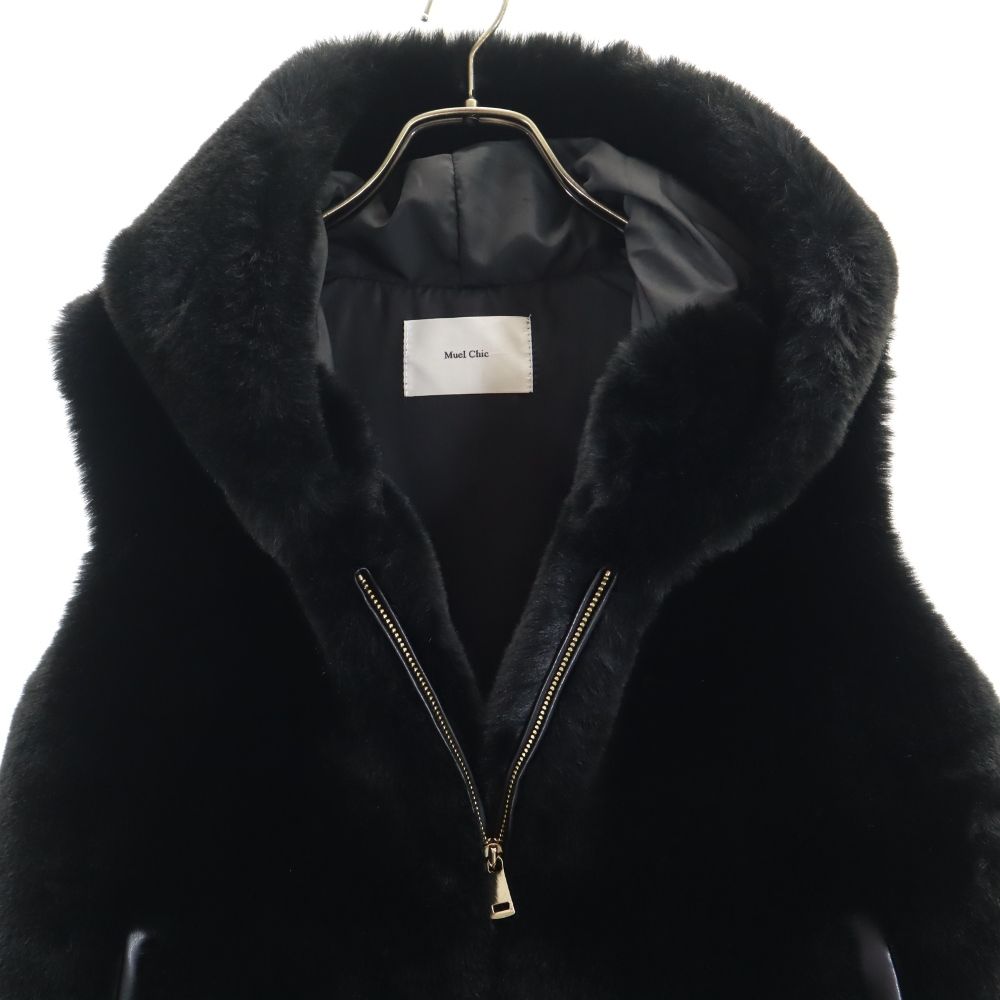 未使用 ミュエルシック フェイクファー 中綿 ベスト F ブラック Muel Chic フード タグ付き レディース