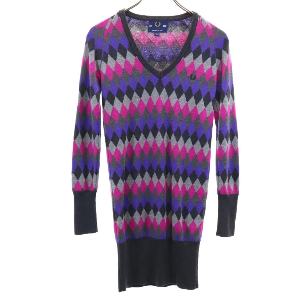 FRED PERRY フレッドペリー ウール 長袖 Vネック セーター USA6 グレー系 ニットワンピース レディース