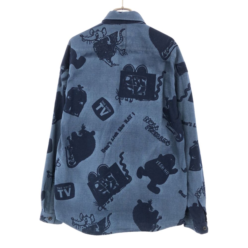 FDMTL ファンダメンタル 日本製 総柄 長袖 シャツ 1 ブルー マウス ネズミ メンズ