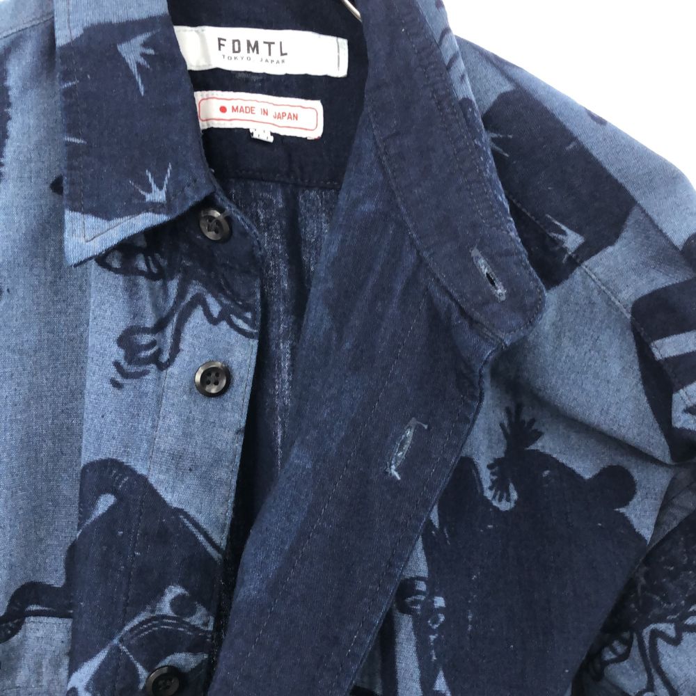 FDMTL ファンダメンタル 日本製 総柄 長袖 シャツ 1 ブルー マウス ネズミ メンズ