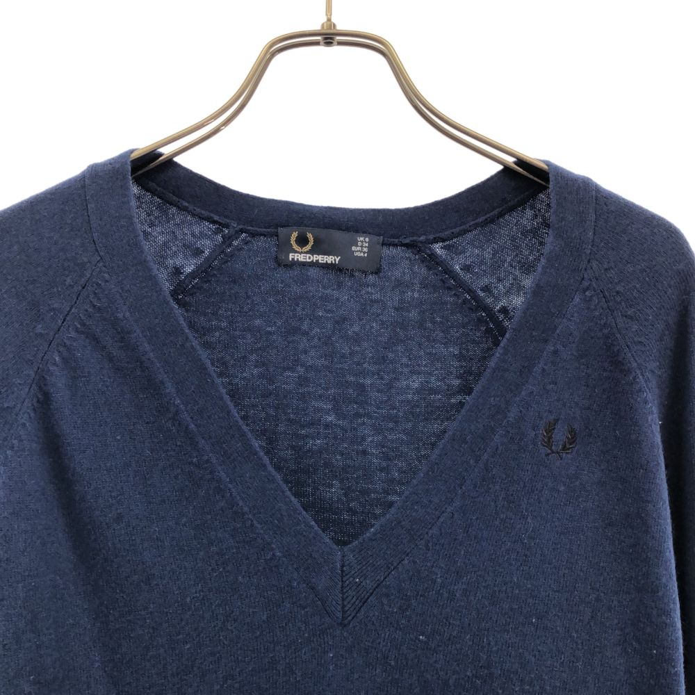 フレッドペリー 長袖 Vネック ニット ワンピース USA4 ネイビー FRED PERRY ワンポイント刺繍 レディース