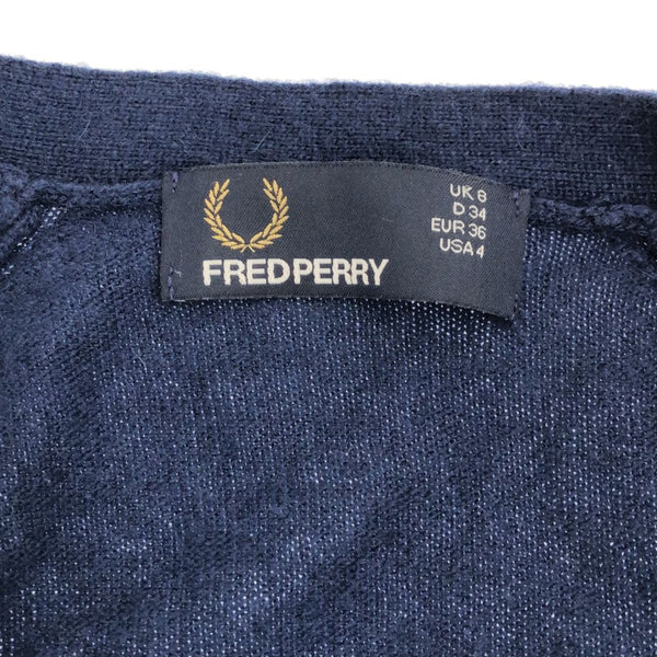 フレッドペリー 長袖 Vネック ニット ワンピース USA4 ネイビー FRED PERRY ワンポイント刺繍 レディース