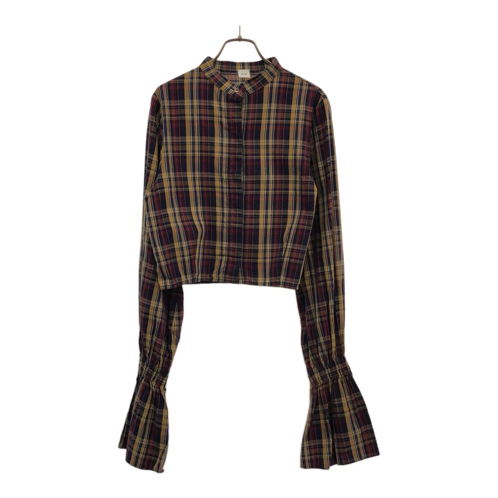 ELIN エリン 日本製 チェック 長袖 ショート丈 ノーカラーシャツ 38 レディース