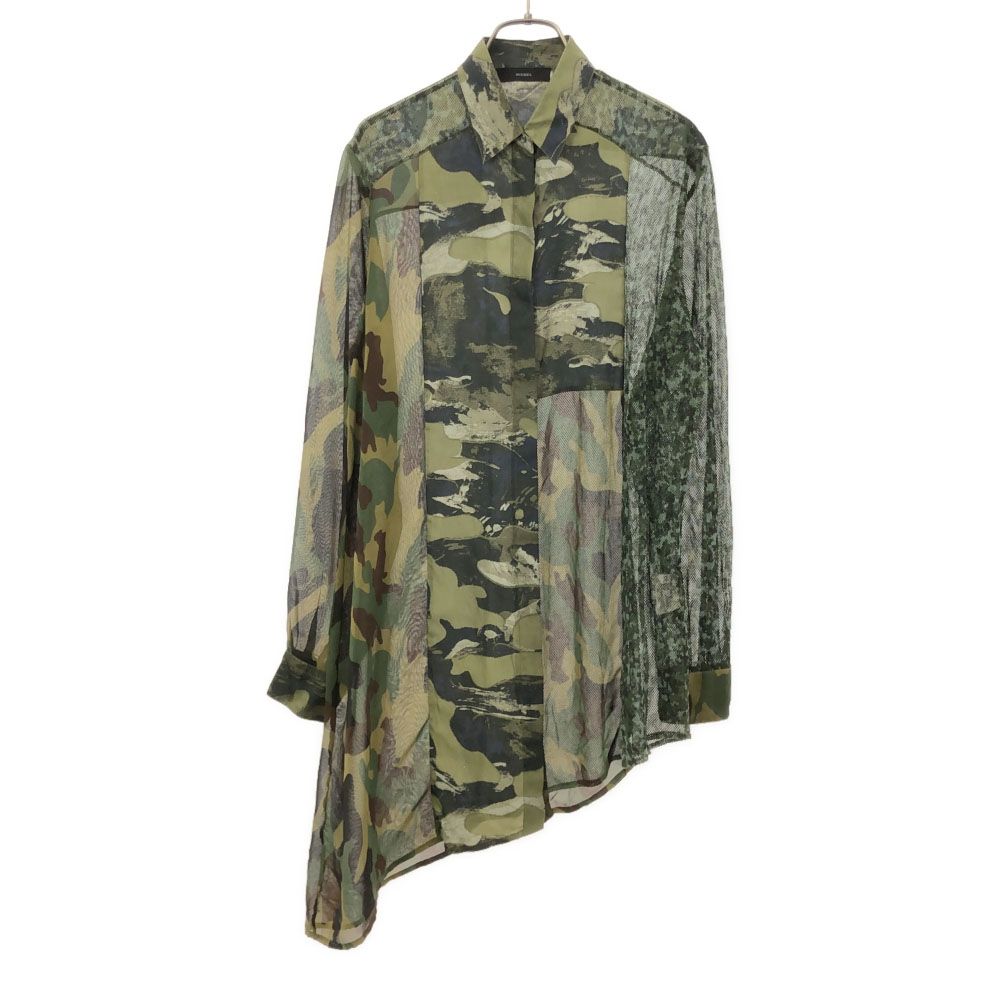 DIESEL ディーゼル 迷彩 長袖 アシンメトリー シャツ XS グリーン系 異素材 レディース