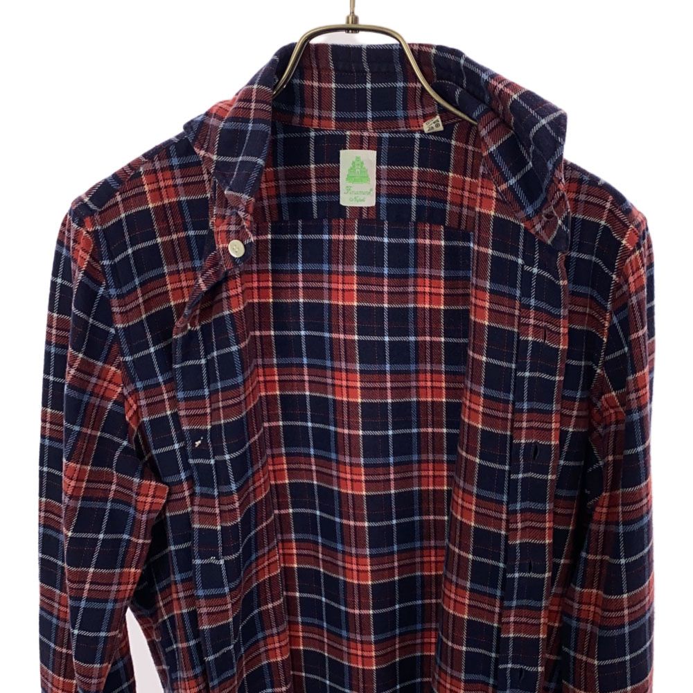 Finamore フィナモレ 英国製 長袖 チェックシャツ S レッド×ネイビー メンズ