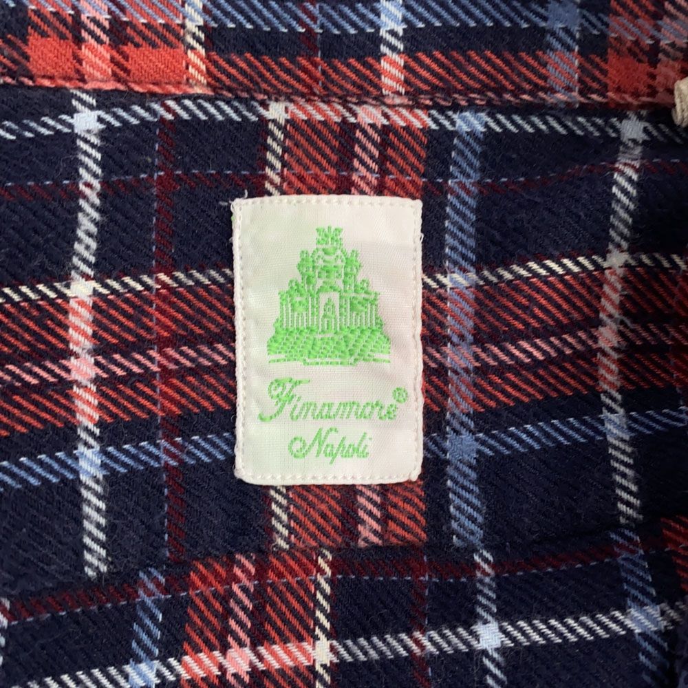 Finamore フィナモレ 英国製 長袖 チェックシャツ S レッド×ネイビー メンズ
