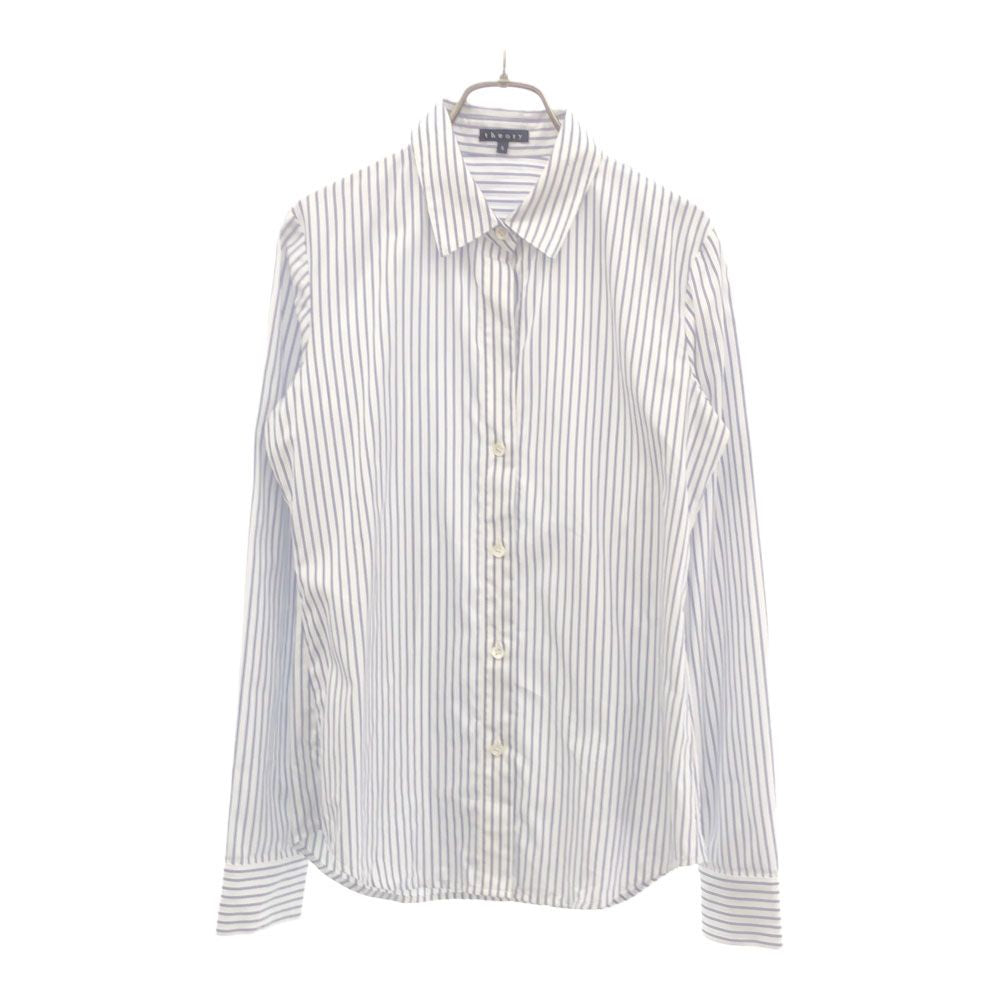 セオリー ストライプ 長袖 コットンシャツ S ホワイト×ブルー theory レディース