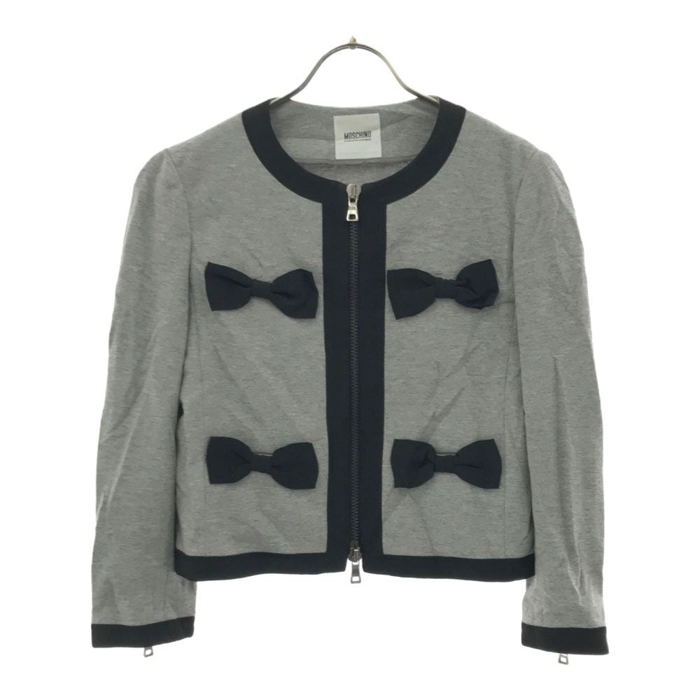 MOSCHINO モスキーノ ノーカラージャケット 6 グレー バイカラー リボン レディース