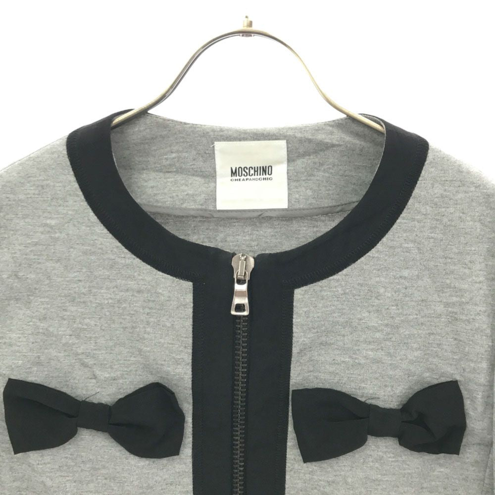 MOSCHINO モスキーノ ノーカラージャケット 6 グレー バイカラー リボン レディース