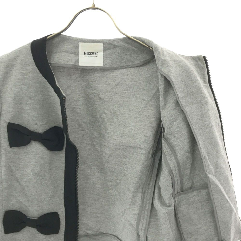 MOSCHINO モスキーノ ノーカラージャケット 6 グレー バイカラー リボン レディース