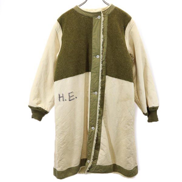 切替 ノーカラーコート アイボリー×カーキ 裏ボア レディース
