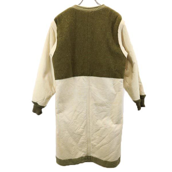 切替 ノーカラーコート アイボリー×カーキ 裏ボア レディース