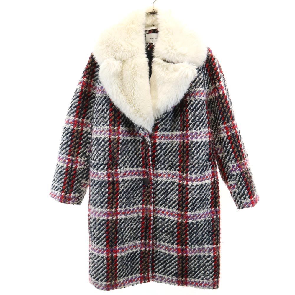 カルヴェン チェック柄 ファー襟 2way ウールコート 34 ブラック系 CARVEN レディース