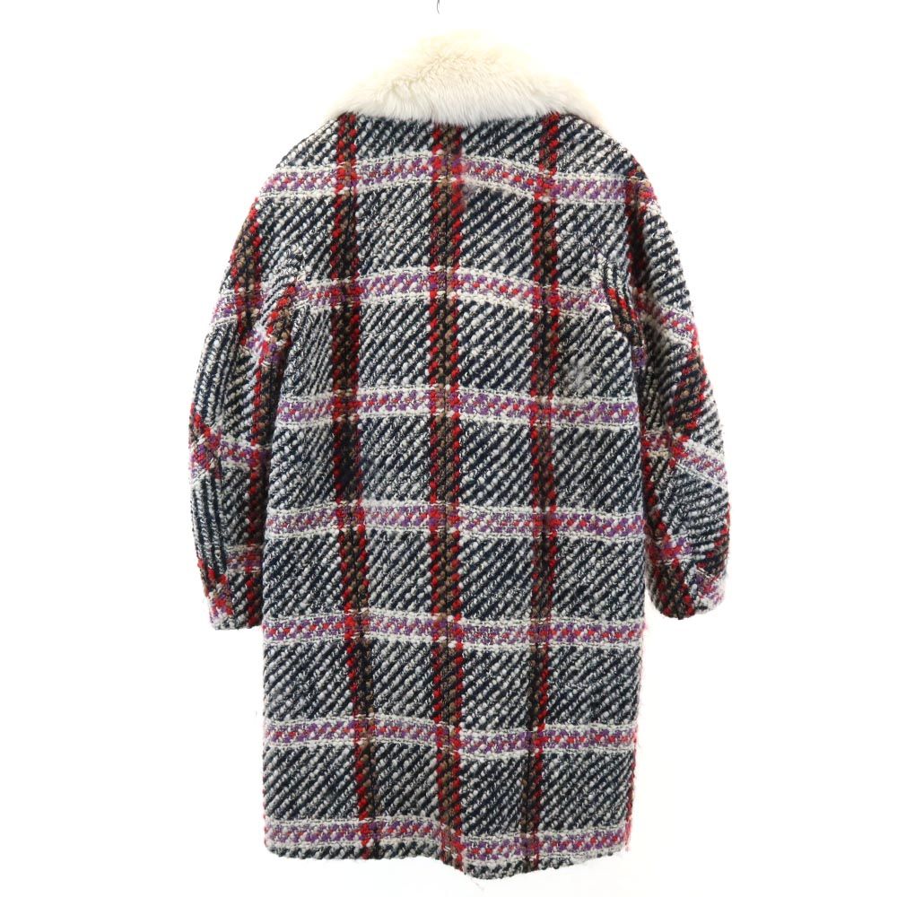 カルヴェン チェック柄 ファー襟 2way ウールコート 34 ブラック系 CARVEN レディース
