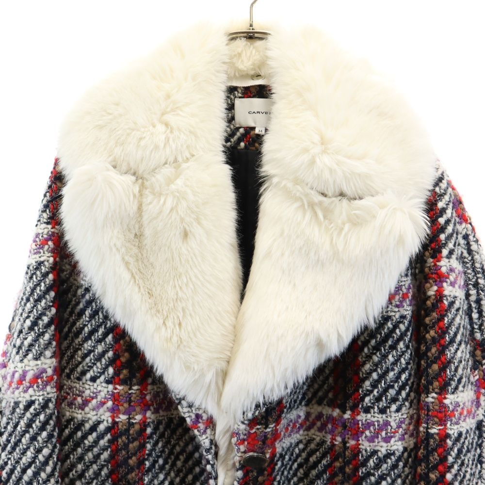 カルヴェン チェック柄 ファー襟 2way ウールコート 34 ブラック系 CARVEN レディース