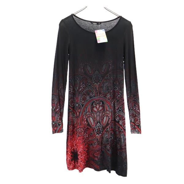 未使用 Desigual デジグアル ペイズリー柄 長袖 Tシャツ ワンピース XS 黒系 カットソー レディース