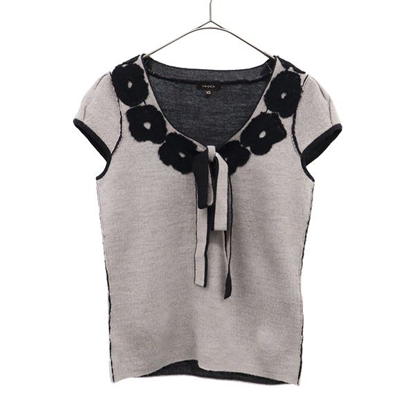 TOCCA トッカ ウール 花柄 半袖 ニット XS ブラック×ホワイト フレンチスリーブ セーター レディース