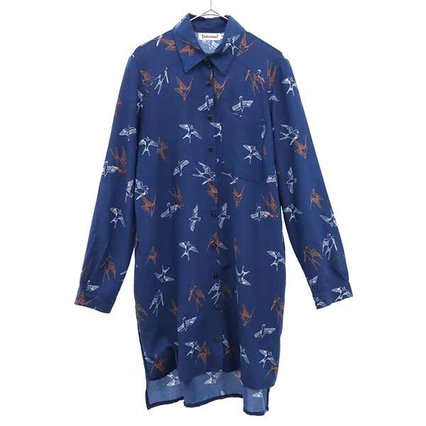 beHulaH べフラ 鳥柄 長袖 ワンピース S ブルー系 ロングシャツ レディース