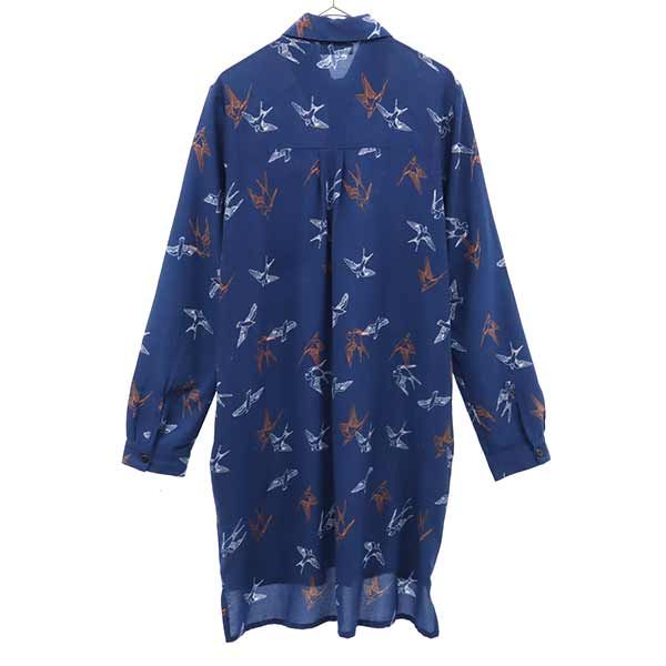 beHulaH べフラ 鳥柄 長袖 ワンピース S ブルー系 ロングシャツ レディース