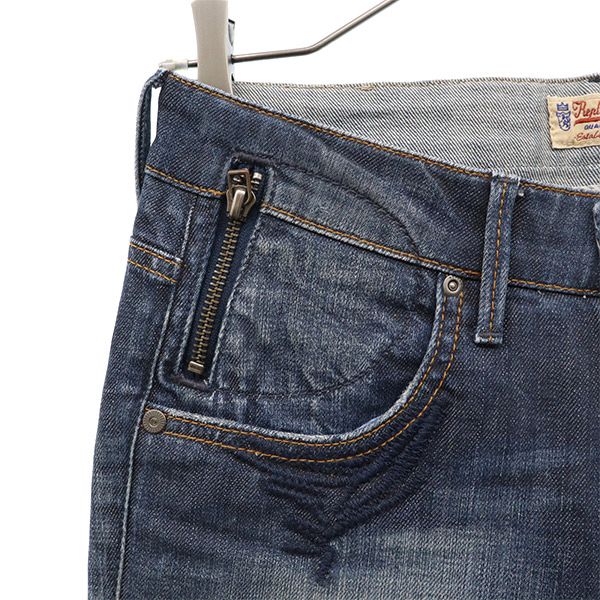 REPLAY リプレイ ワンポイントロゴ刺繍 ダメージ加工 スキニーデニムパンツ W25 ブルー ジーパン レディース