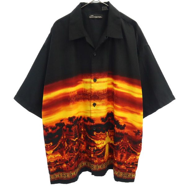 no boundaries ノーバウンダリーズ 総柄 半袖 オープンカラーシャツ L ブラック系 メンズ