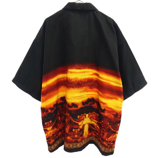 no boundaries ノーバウンダリーズ 総柄 半袖 オープンカラーシャツ L ブラック系 メンズ