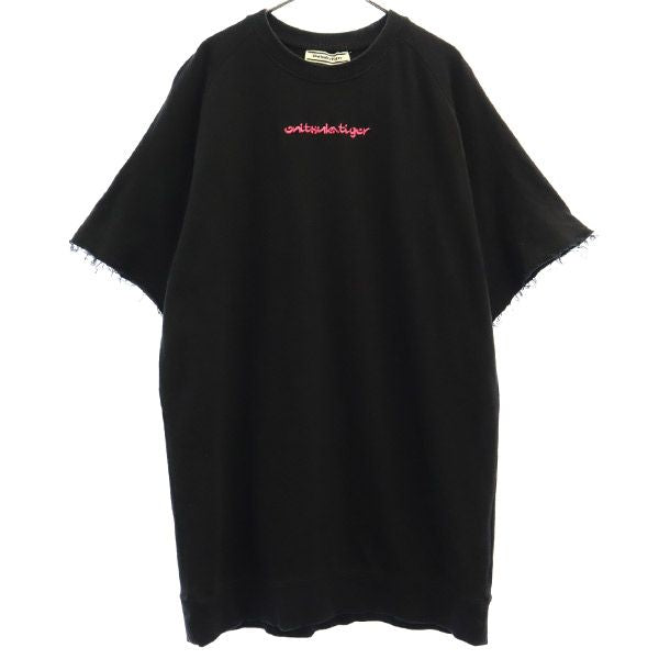 オニツカタイガー ロゴ刺繍 半袖 スウェット XS ブラック ONITSUKA TIGER カットオフ Tシャツ レディース