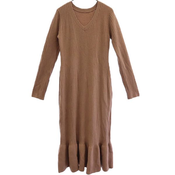Lily Brown リリーブラウン 長袖 Vネック リブニット ロングワンピース F ピンク レディース