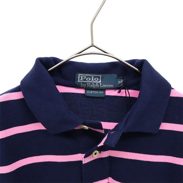 未使用 Polo by Ralph Lauren ポロバイラルフローレン ボーダー 半袖 ポロシャツ M ネイビー×ピンク 鹿の子 メンズ