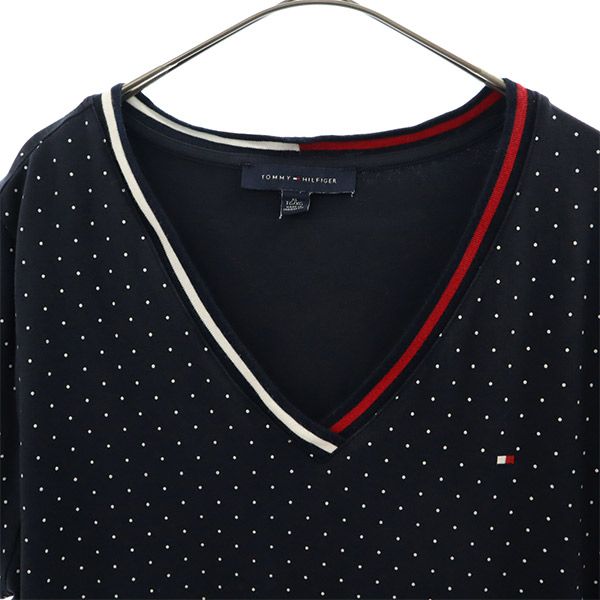 トミーヒルフィガー ドット柄 半袖 Vネック ワンピース XL ネイビー TOMMY HILFIGER レディース