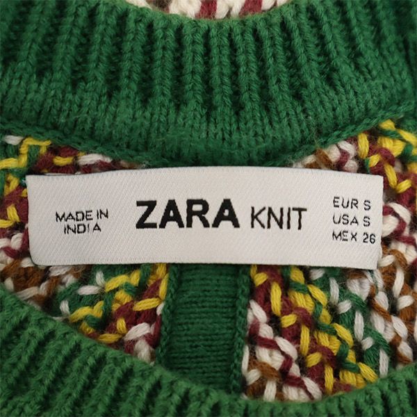 ザラニット 総柄 ノースリーブ ニット ワンピース S グリーン系 ZARA KNIT レディース