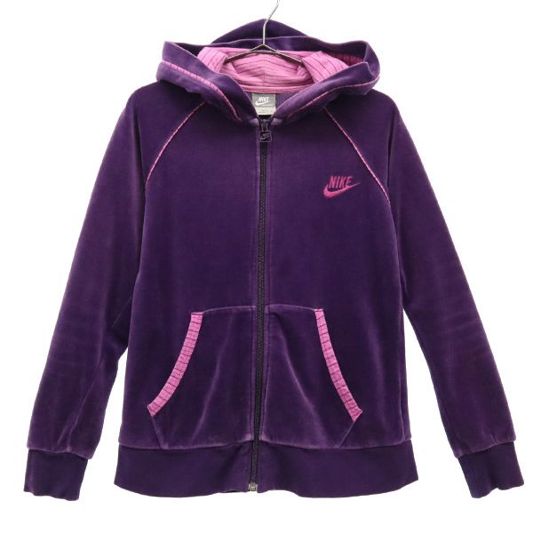 ナイキ ロゴ刺繍 長袖 ベロア ジップパーカー S パープル NIKE レディース