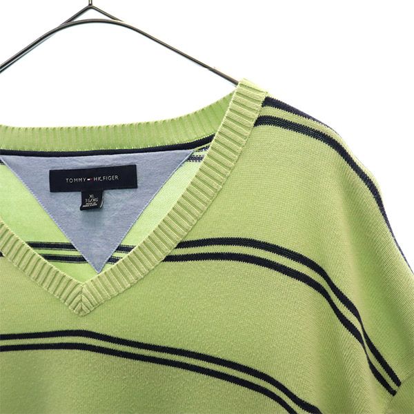 トミーヒルフィガー ボーダー 長袖 Vネック セーター XL グリーン TOMMY HILFIGER ニット ロゴ刺繍 メンズ