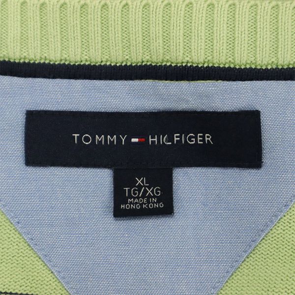 トミーヒルフィガー ボーダー 長袖 Vネック セーター XL グリーン TOMMY HILFIGER ニット ロゴ刺繍 メンズ