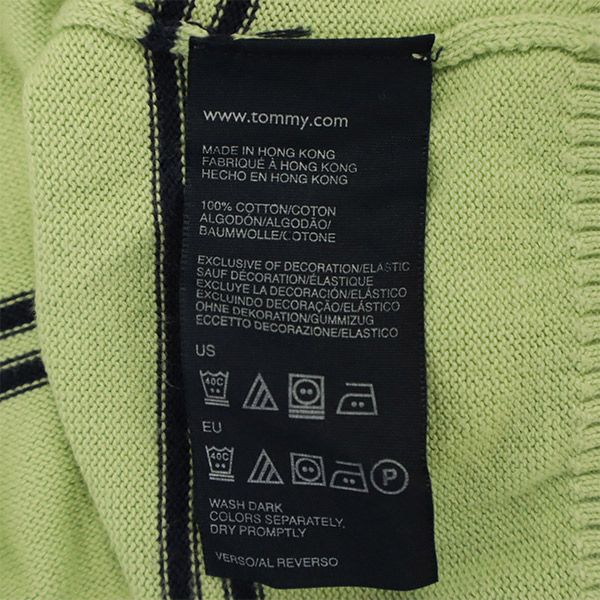 トミーヒルフィガー ボーダー 長袖 Vネック セーター XL グリーン TOMMY HILFIGER ニット ロゴ刺繍 メンズ