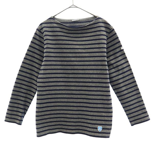 オーシバル フランス製 ボーダー 長袖 ボートネック Tシャツ グレー×ネイビー ORCIVAL ロゴワッペン レディース