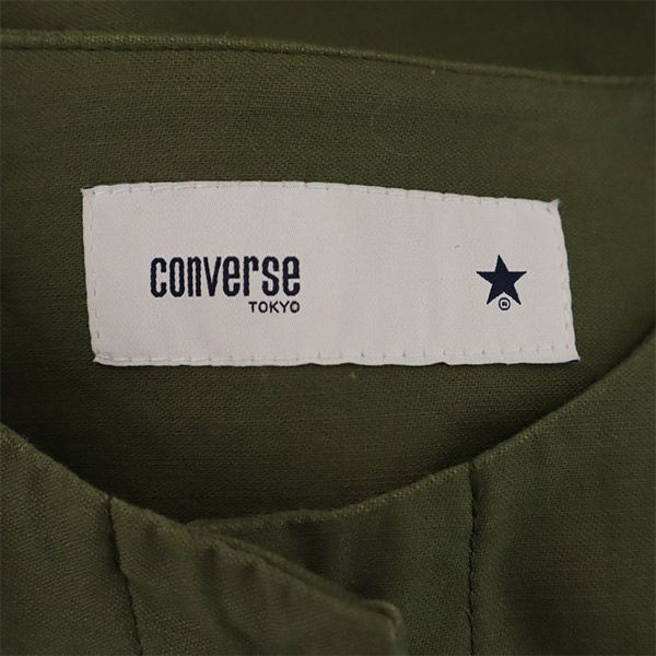 コンバース トウキョウ ロゴバッジ 長袖 ノーカラーミリタリー シャツワンピース カーキ converse TOKYO レディース