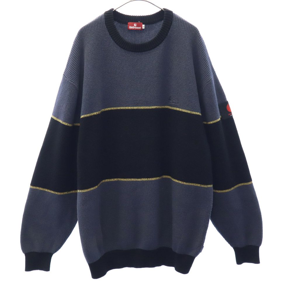 ヘルレイザー 切替 長袖 コットン ニット L グレー×ブラック Hellrazor クルーネック ロゴ刺繍 セーター メンズ