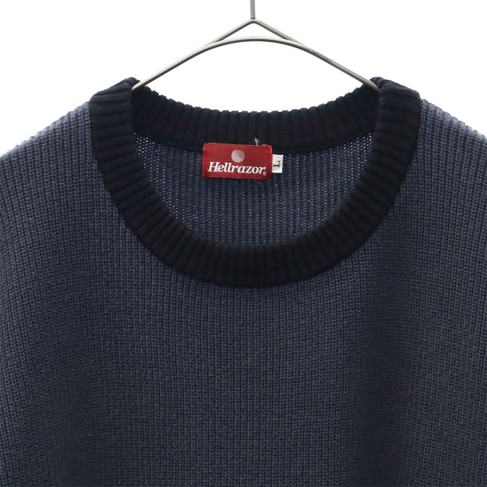ヘルレイザー 切替 長袖 コットン ニット L グレー×ブラック Hellrazor クルーネック ロゴ刺繍 セーター メンズ