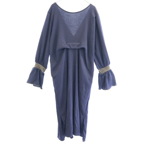 未使用 THURIUM スリウム 長袖 踊るタックカットフリル ロングワンピース 38 ネイビー レディース